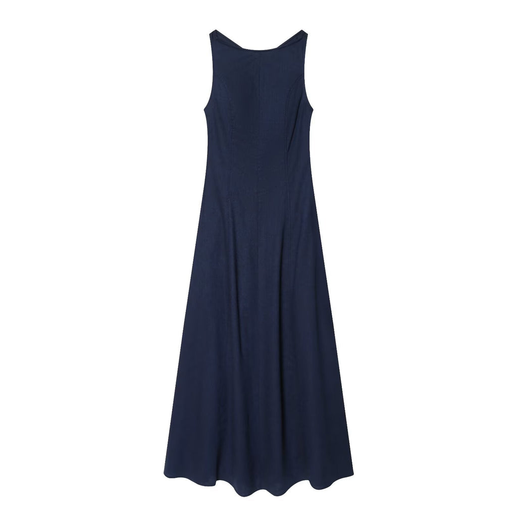 Women's backless linen blended MIDI dress