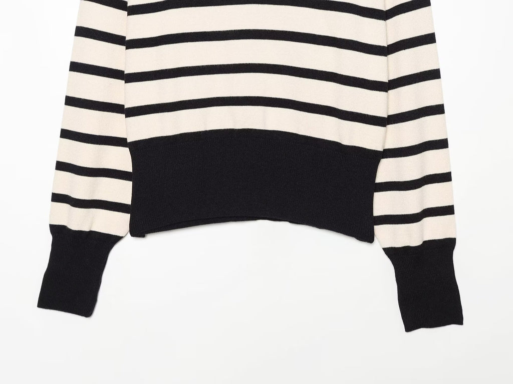 Women's soft textured zipper striped knitted sweater