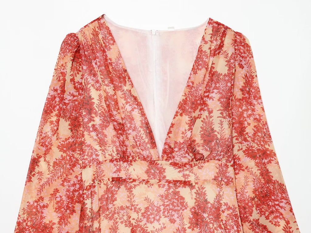 Women's V-neck printed ruffle mini dress