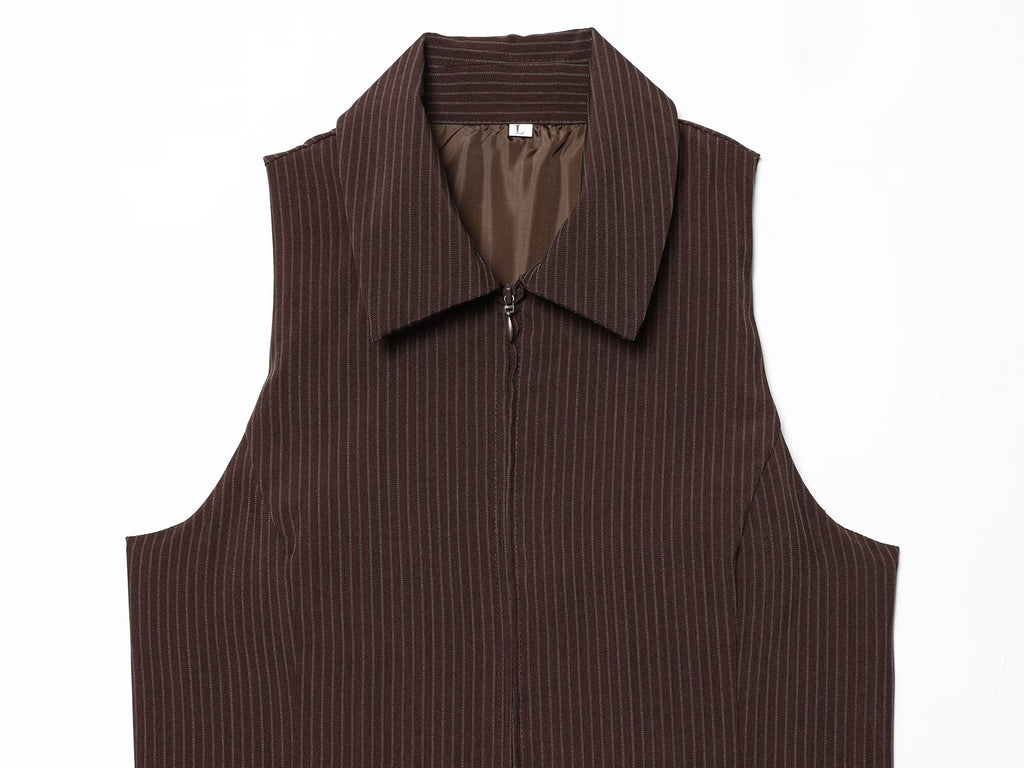 suit Women's 2 pieces sleeveless lapel striped zipper vest+Pants