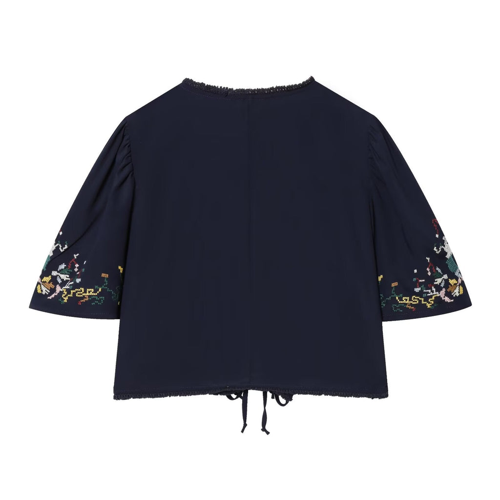 Women's floral embroidery short V-neck top