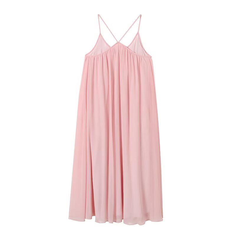 Women's pleated decorative suspender MIDI dress