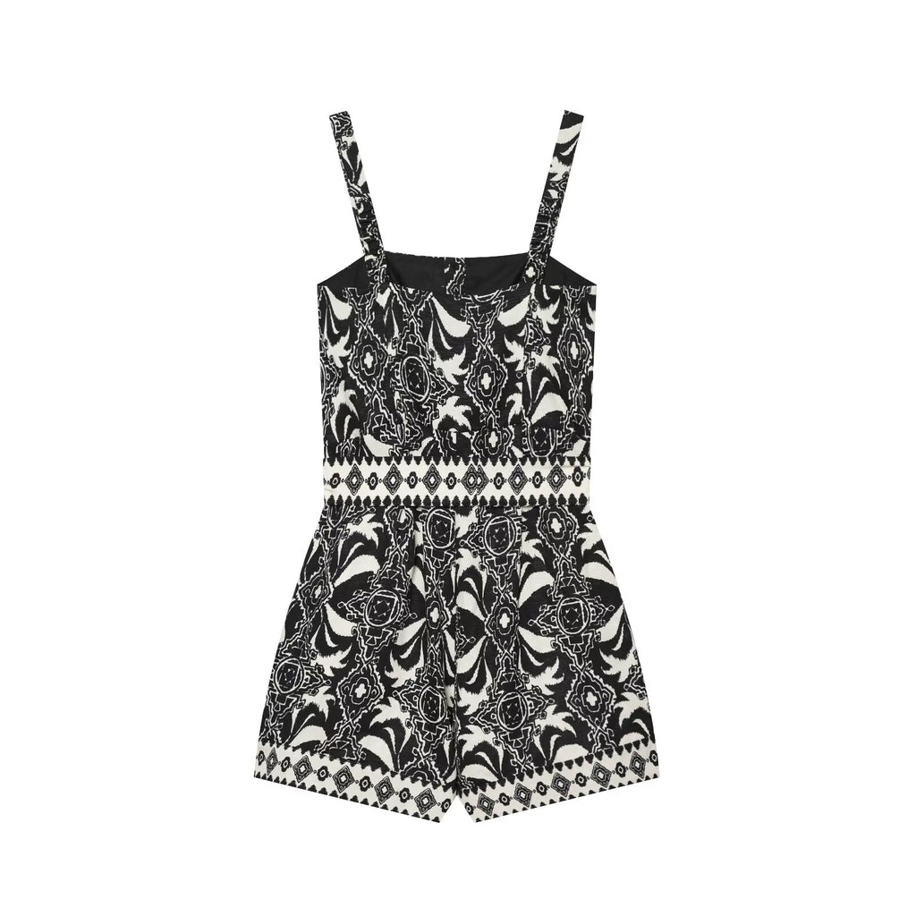 Women's with Belt vacation style printed jumpsuit shorts