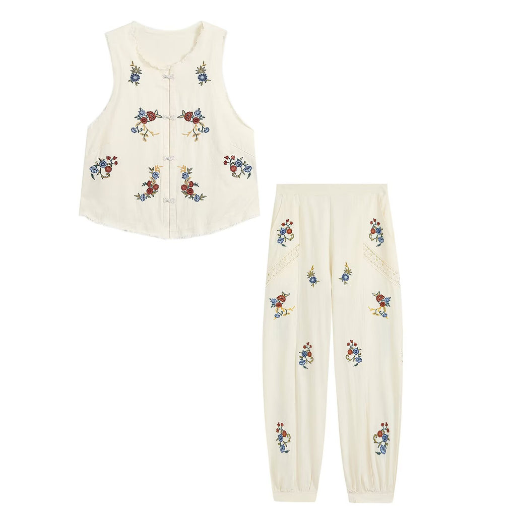 suit Women's 2 pieces embroidered vest style top+lantern pants