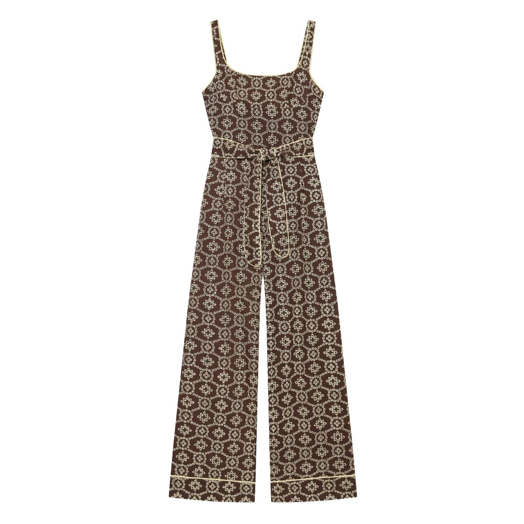 Women's with Belt hollowed out embroidered jumpsuit