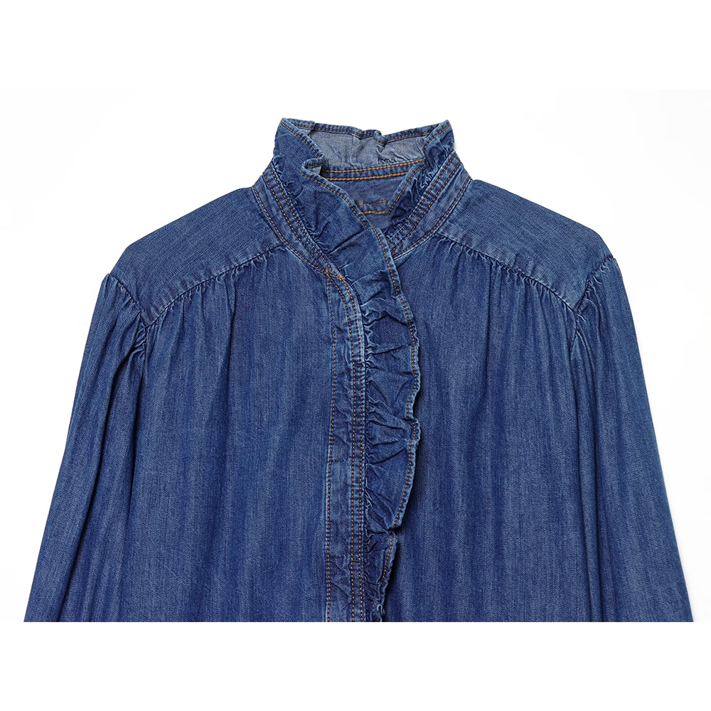 Women's pleated decorative casual denim shirt
