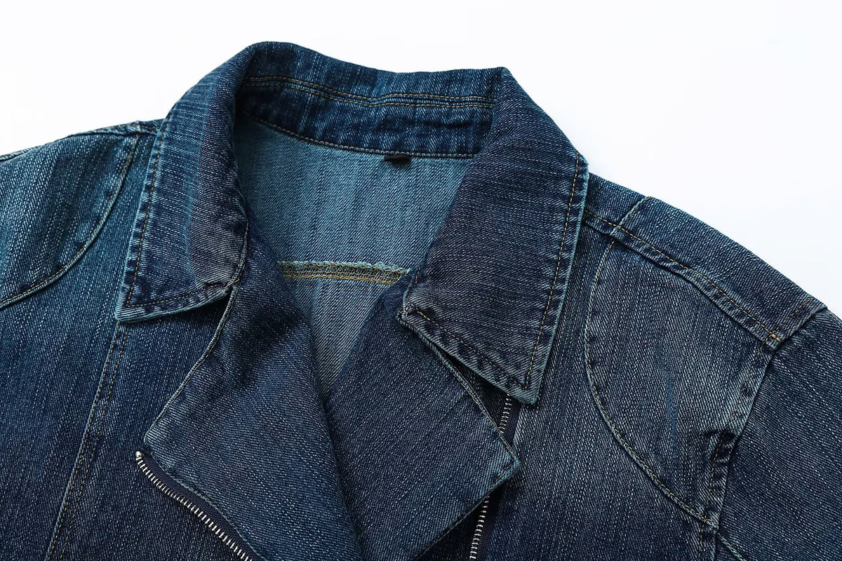 Women's belt decoration denim motorcycle style jacket Coat