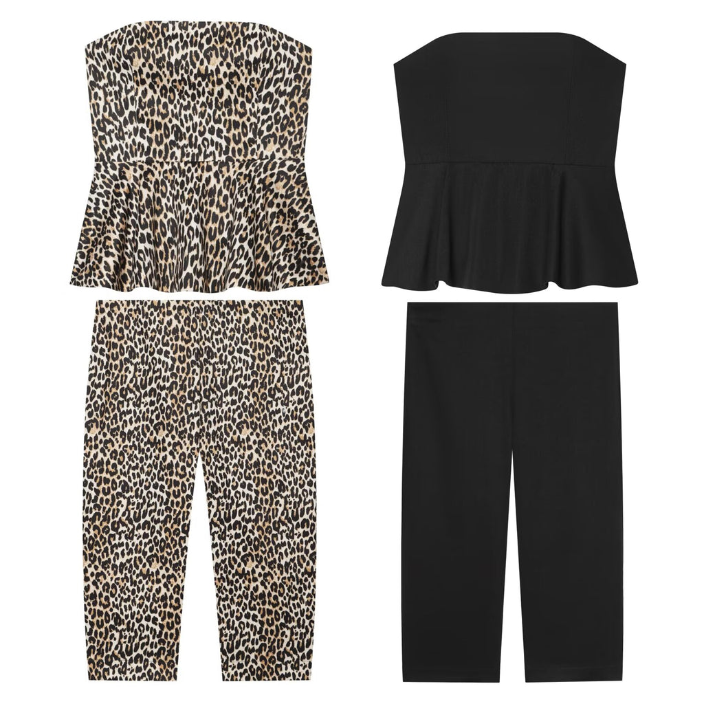 suit Women's 2 pieces printed striped strapless elastic top+Pants