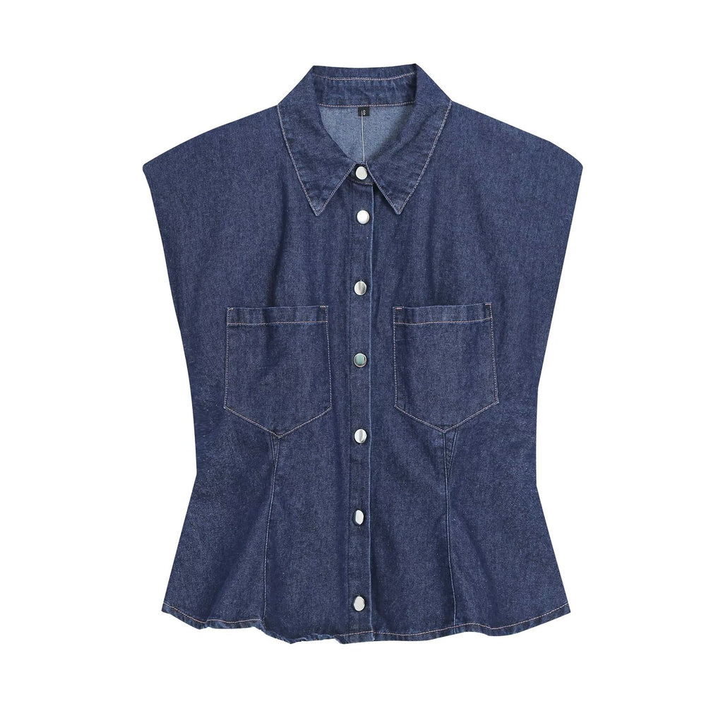 suit Women's 2 pieces pocket decoration sleeveless denim shirt+bucket jeans