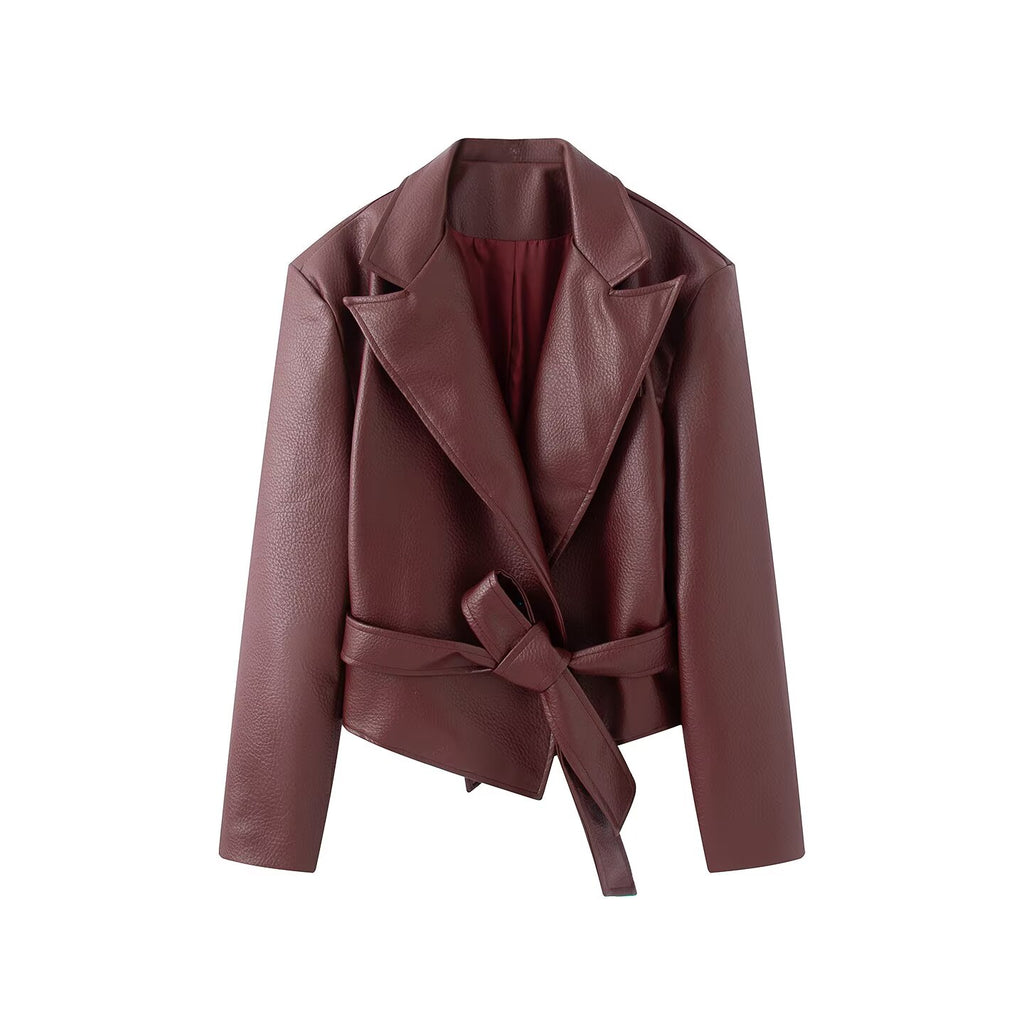 Women's With Belt Lapel faux leather Coat