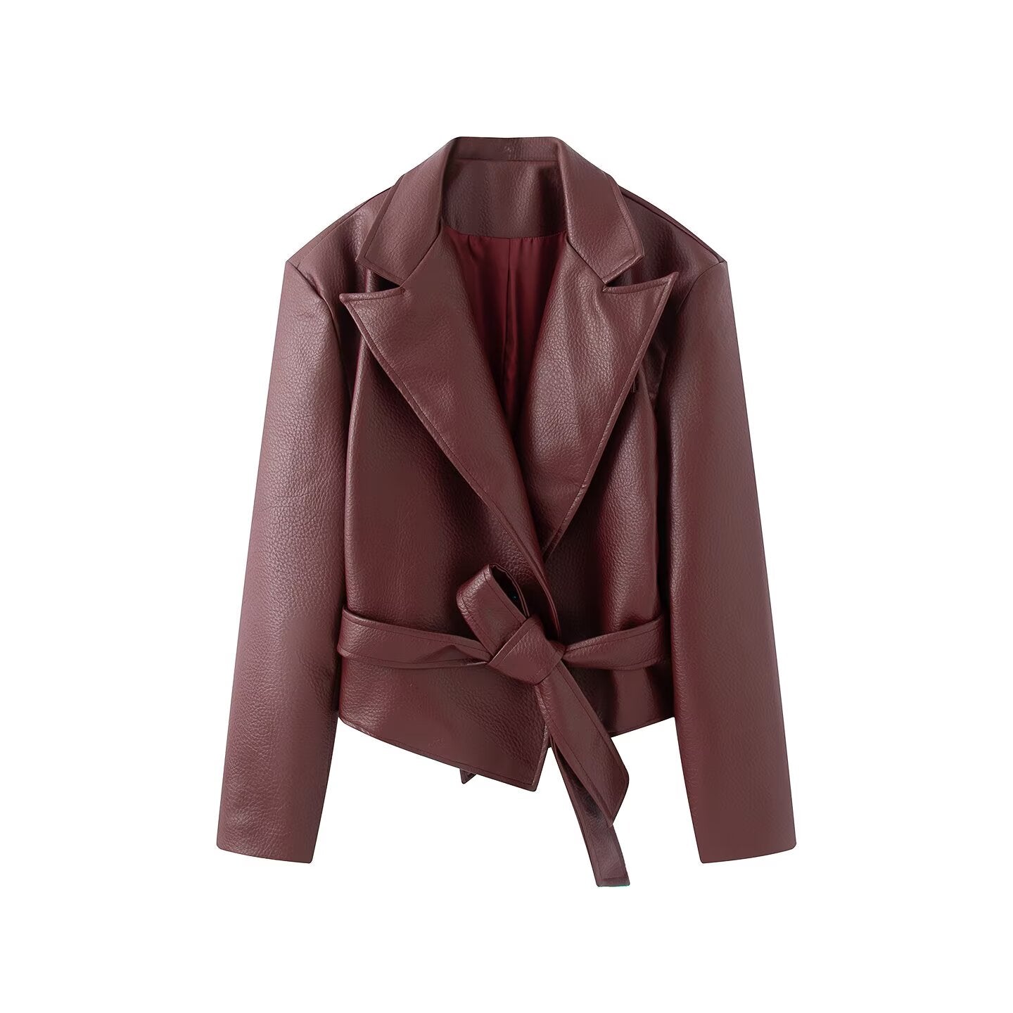 Women's With Belt Lapel faux leather Coat