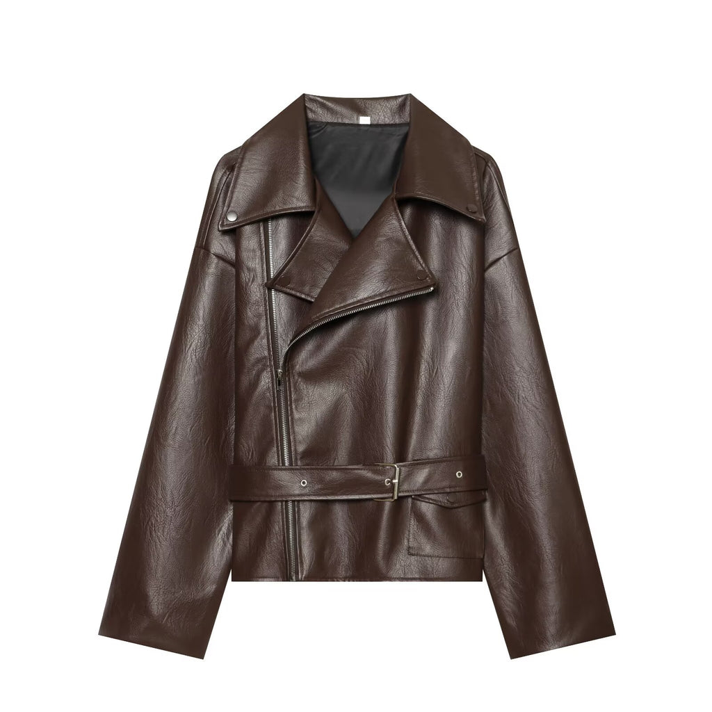Women's With Belt short Faux Leather jacket Coat