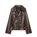 Women's With Belt short Faux Leather jacket Coat