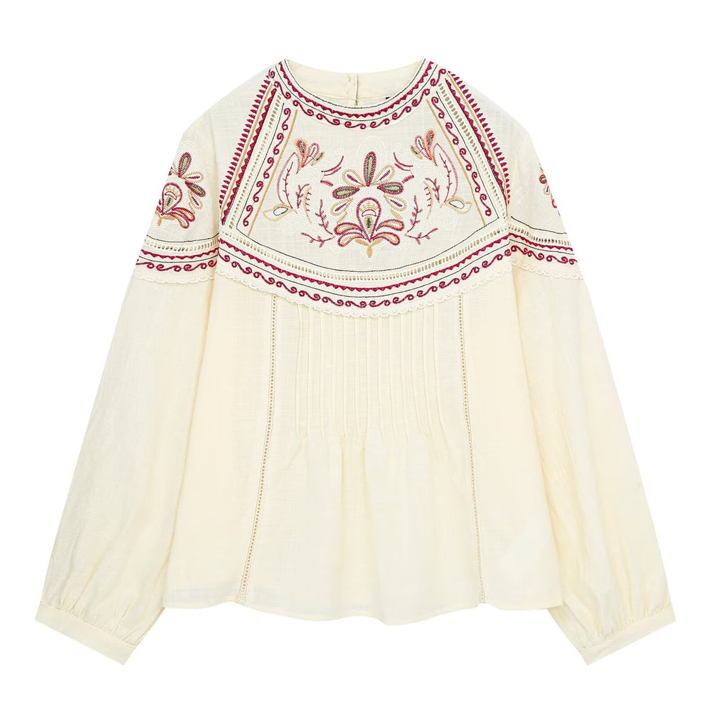 Women's embroidered decorative round neck pleated shirt