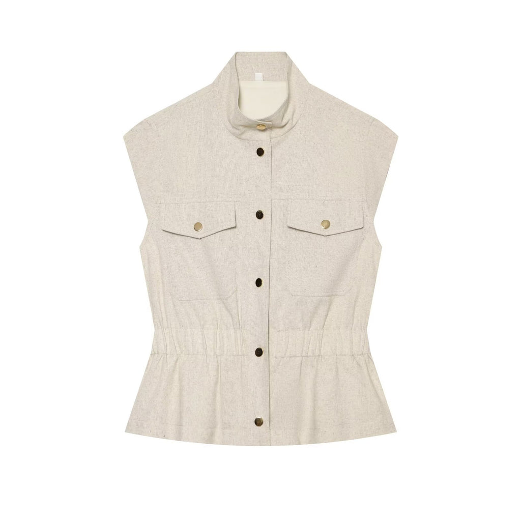 Women's pocket decoration linen blend vest