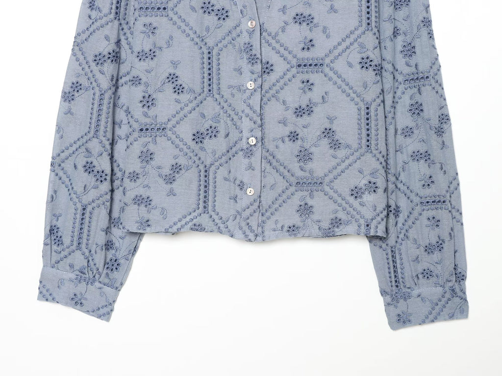 Women's hollowed out embroidered lapel shirt