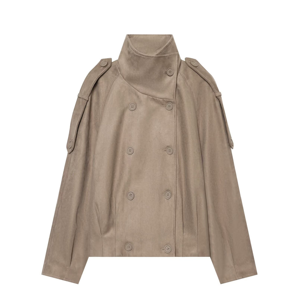 Women's suede textured stand collar double breasted Coat