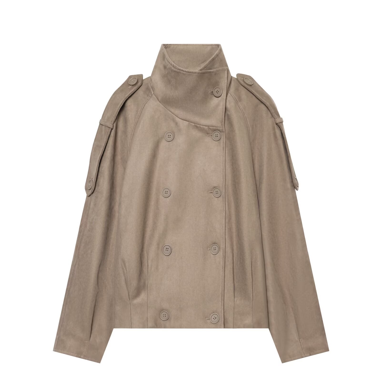 Women's suede textured stand collar double breasted Coat