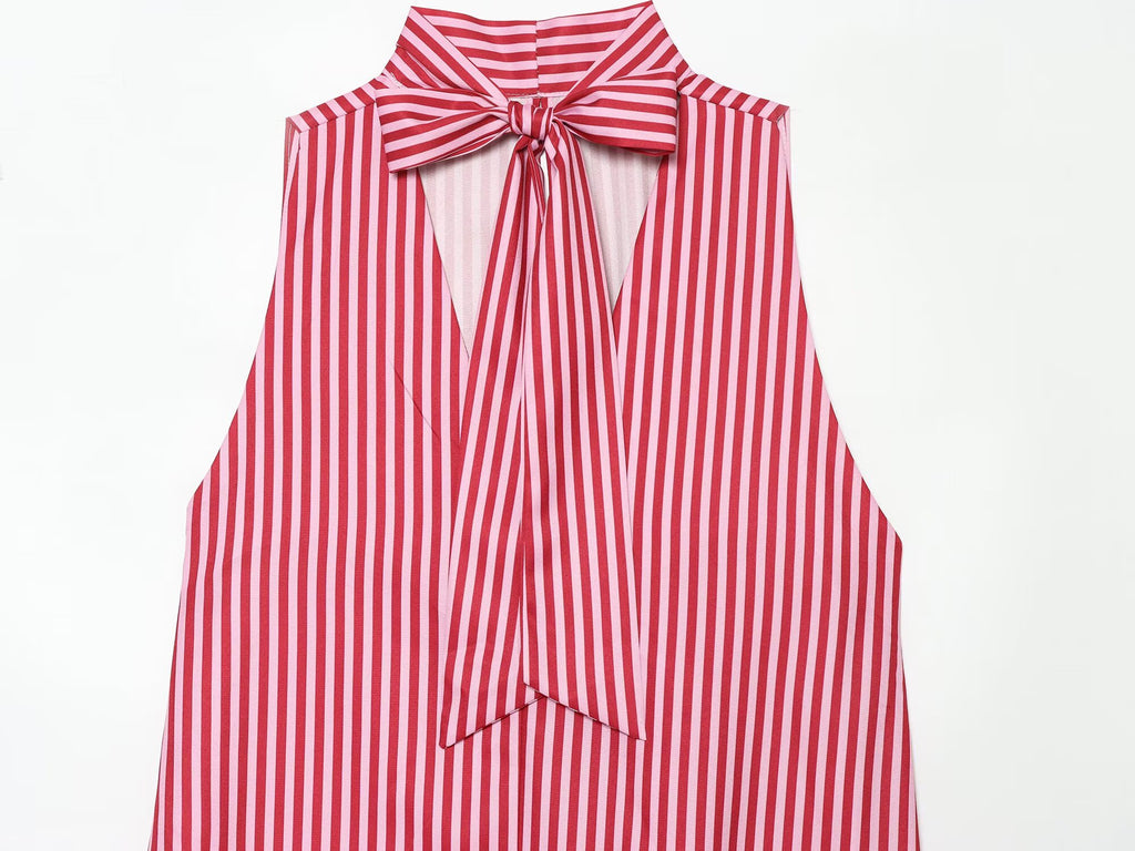 Women's bow decoration asymmetrical striped top