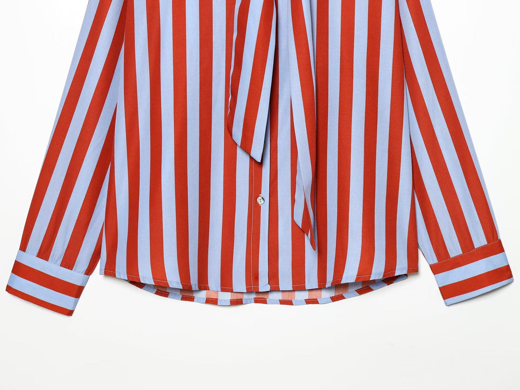 Women's bow decoration striped shirt