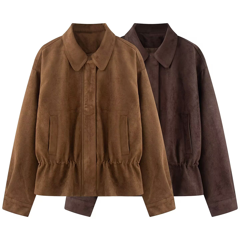 Women's suede textured waist cinched retro jacket