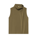 Women's shoulder button decoration satin textured top