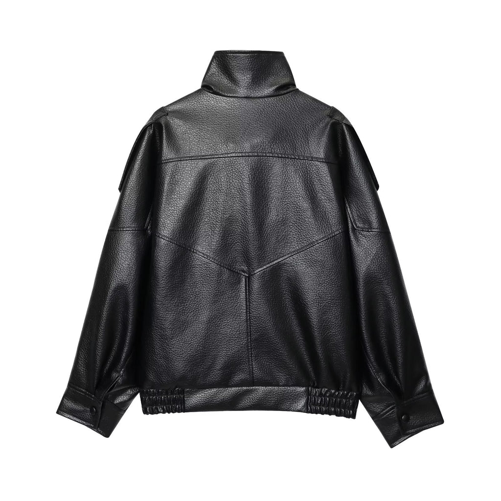 Women's new loose stand collar Faux Leather jacket Coat