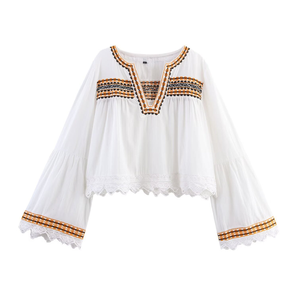suit Women's 2 pieces casual embroidered V-neck shirt+Shorts