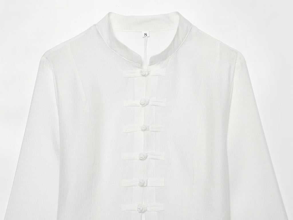 Women's standing collar buckle short top