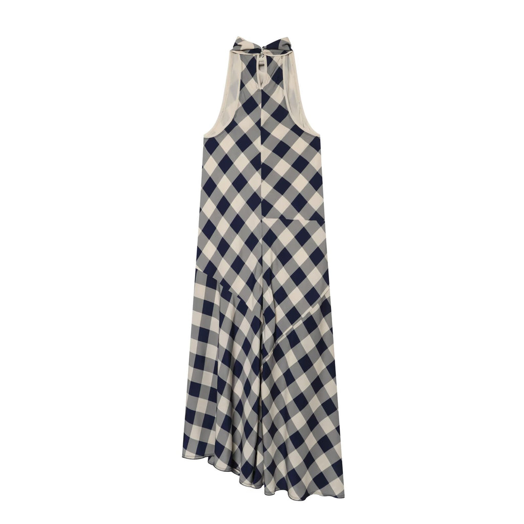 Women's plaid hanging collar MIDI dress