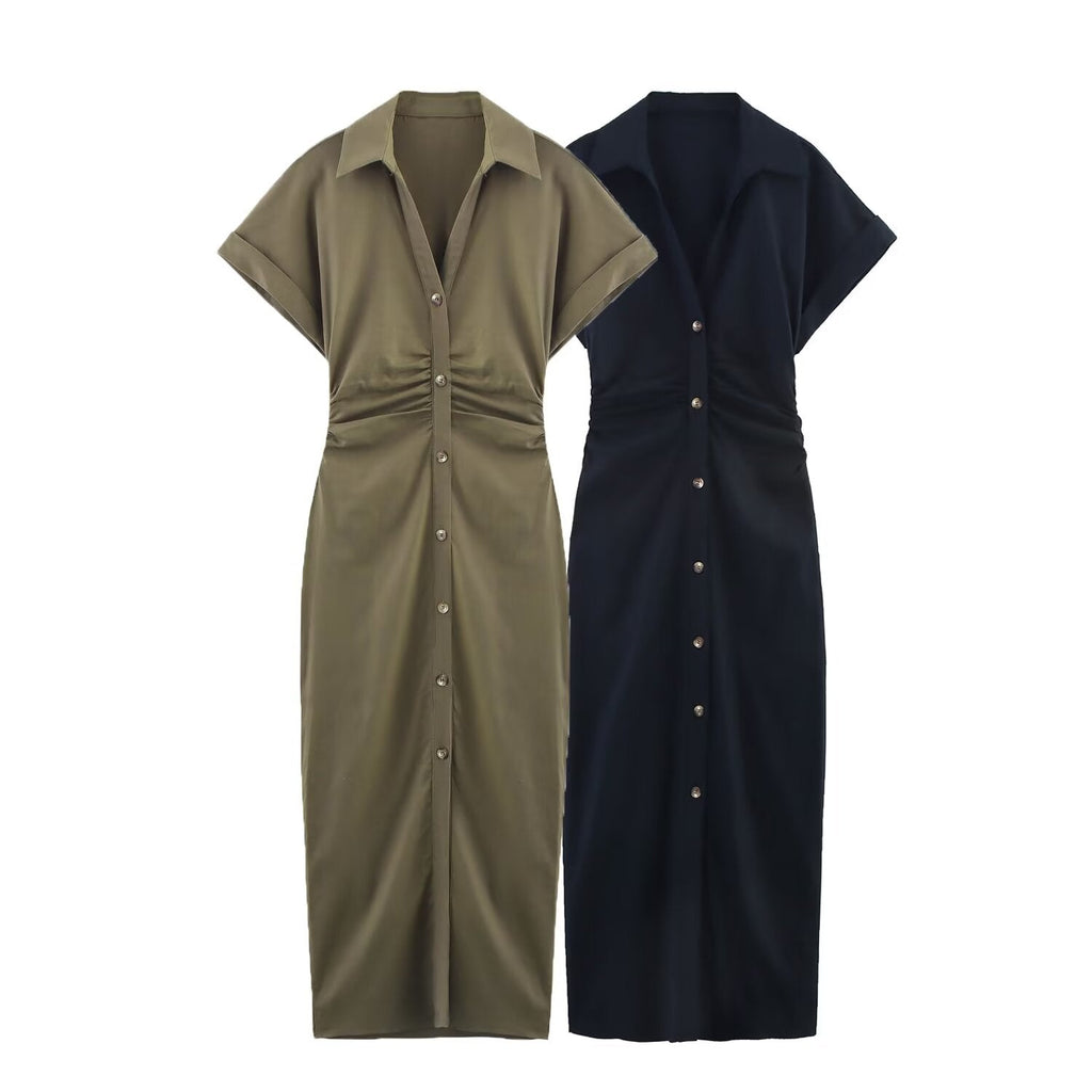 Women's new chic fashion pleated decoration slim single breasted linen blended MIDI dress retro short sleeved women's dress