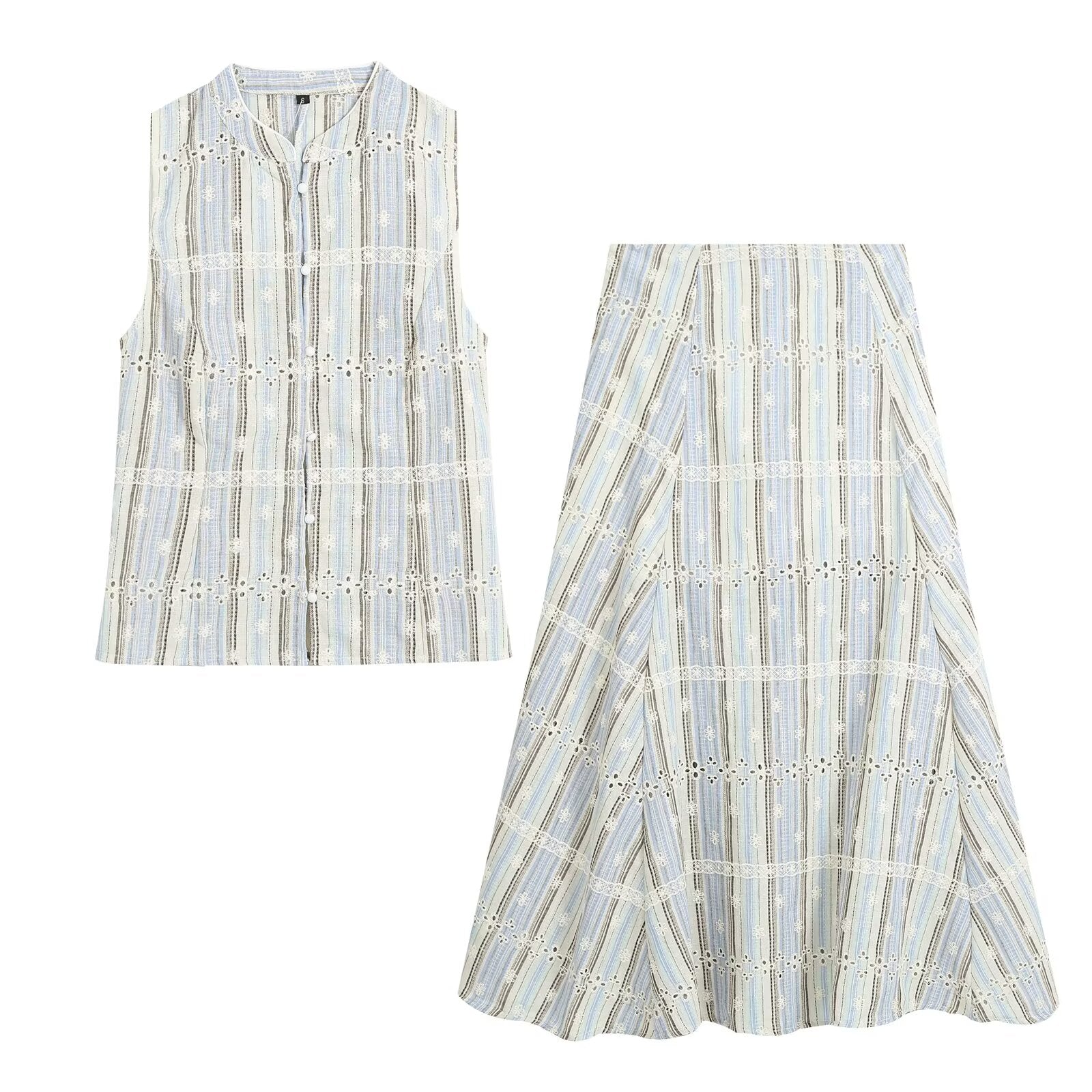 suit Women's 2 pieces sleeveless striped embroidered top+skirt