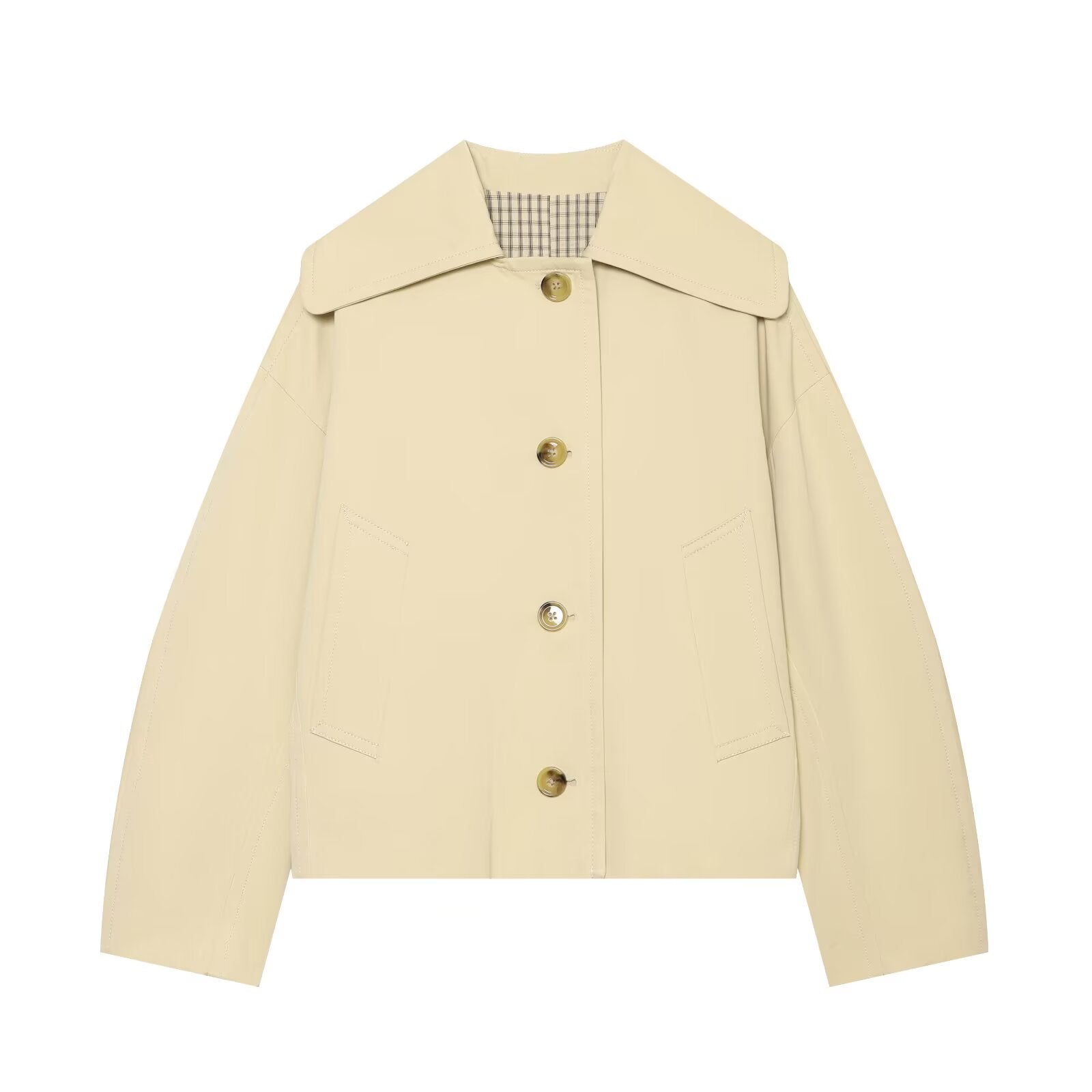 Women's casual lapel patchwork plaid trench coat