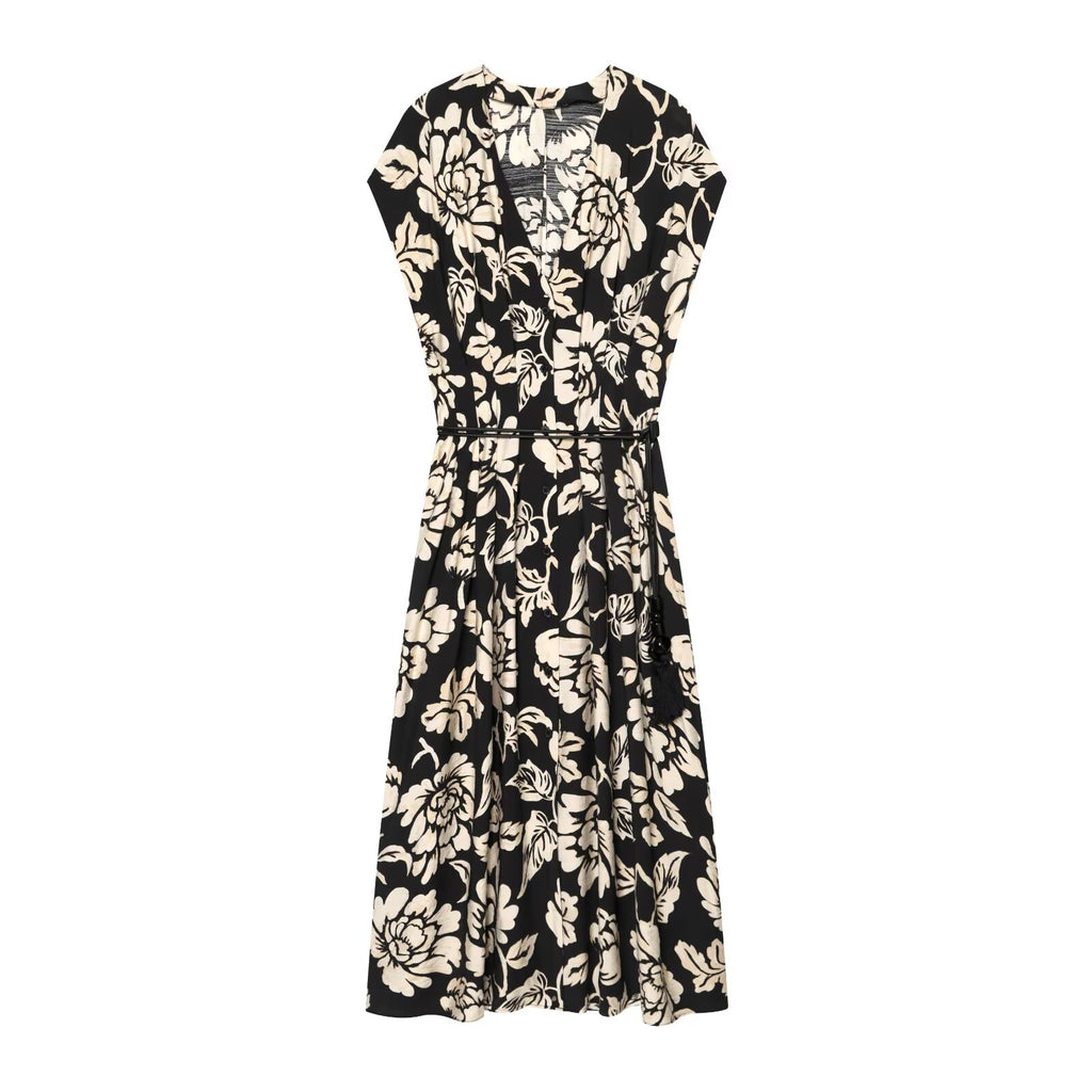 Women's printed V-neck MIDI dress