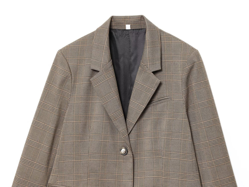 Women's new fashion loose single breasted linen blended plaid suit jacket