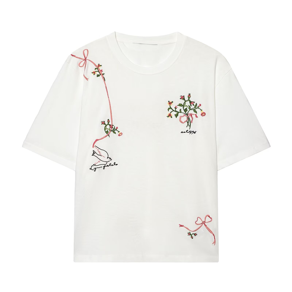 Women's casual O Neck embroidered flower T-shirt