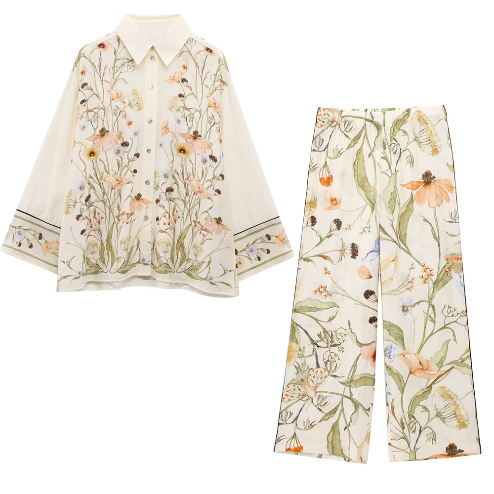 suit Women's 2 pieces loose long sleeved printed shirt+Pants