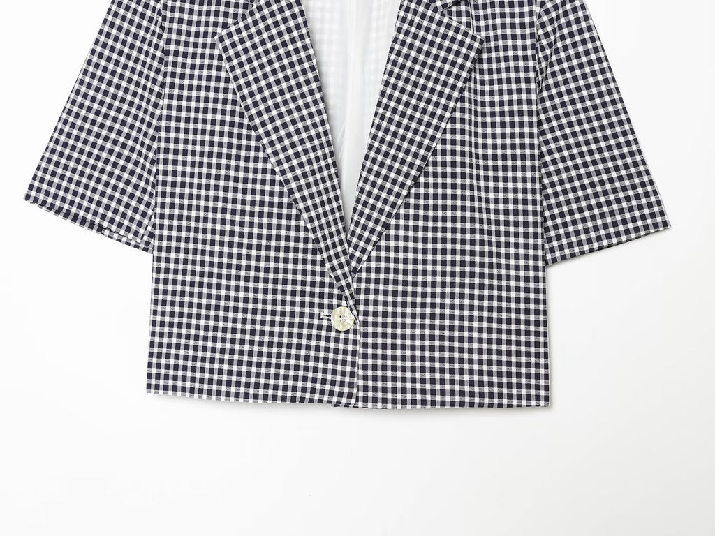 suit Women's 2 pieces short V-neck plaid Blazer Coat +Pants