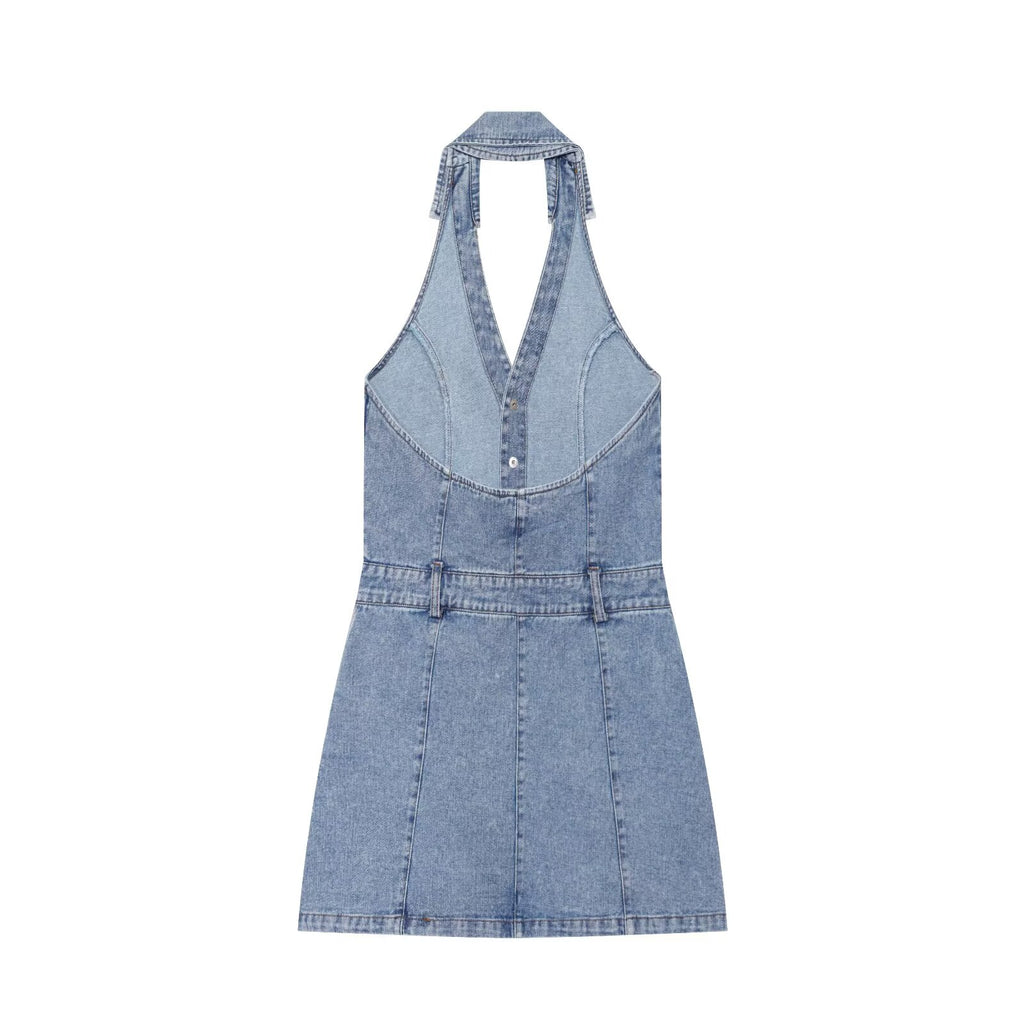 Women's flip hanging collar denim mini dress