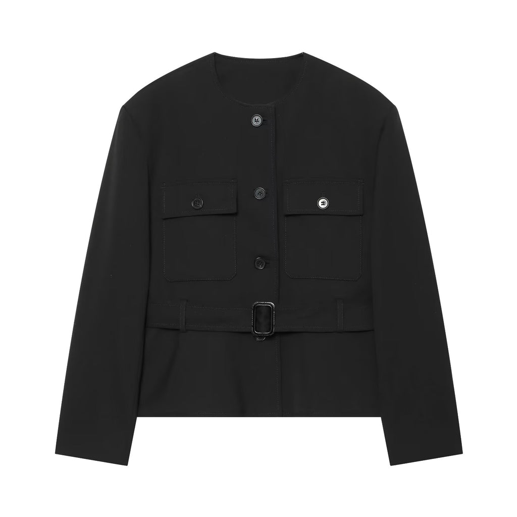Women's With Belt round neck buckle jacket