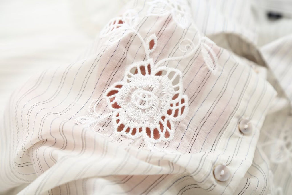 Women's hollowed out embroidered striped shirt