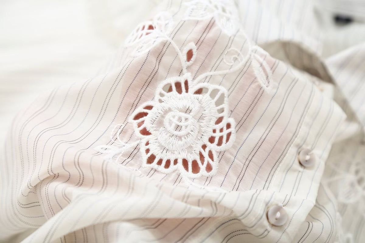 Women's hollowed out embroidered striped shirt
