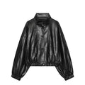 Women's black chimney collar faux leather Coat