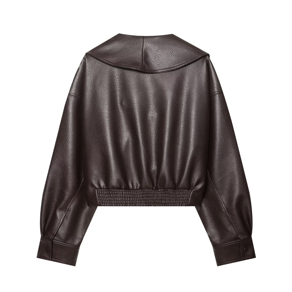 Women's metal buckle decorative lapel faux leather jacket