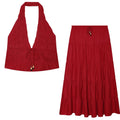 suit Women's 2 pieces linen blend pleated halter neck top+Skirts