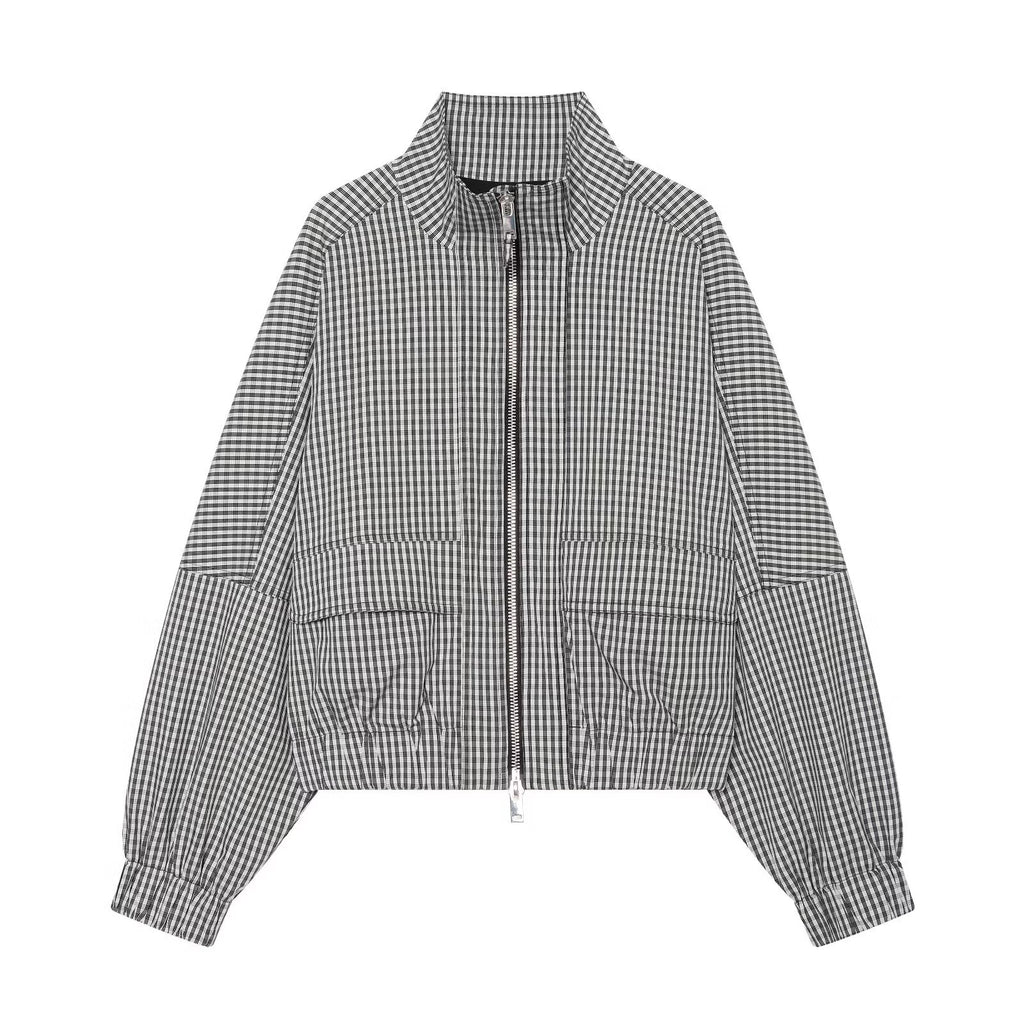 Women's contrasting plaid stand collar Coat