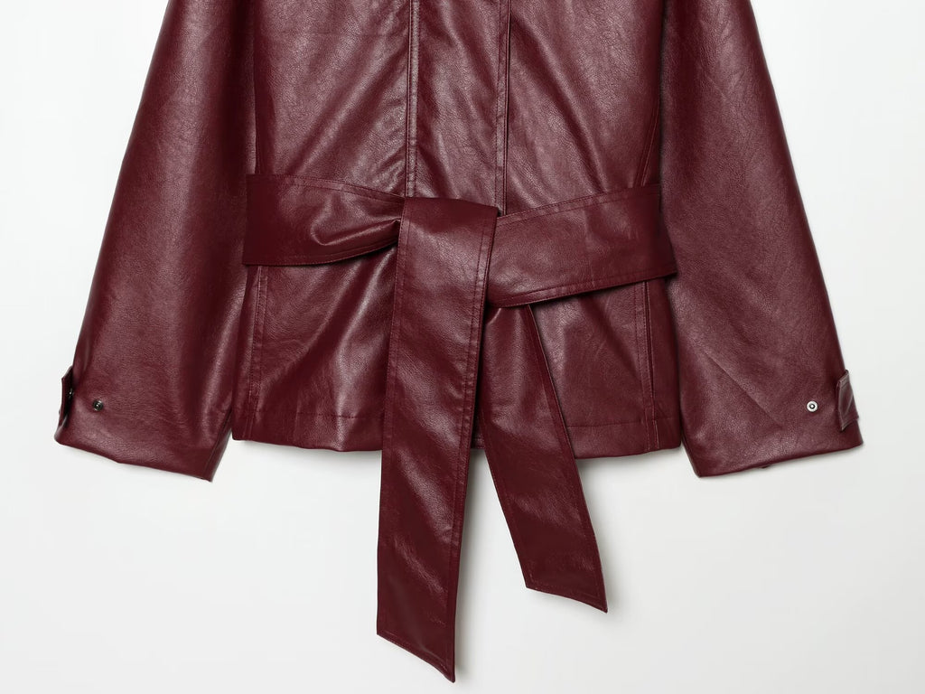 Women's with belt standing collar faux leather Coat