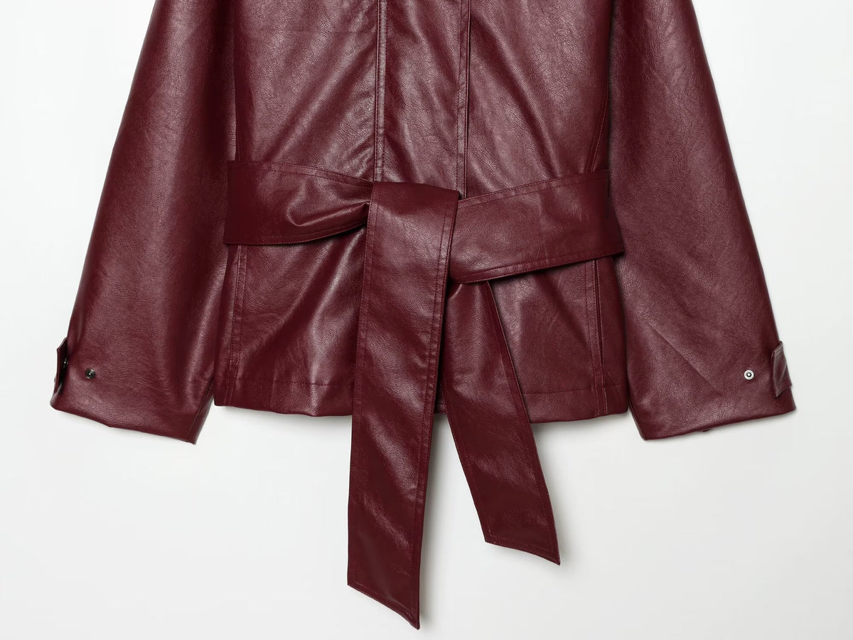 Women's with belt standing collar faux leather Coat