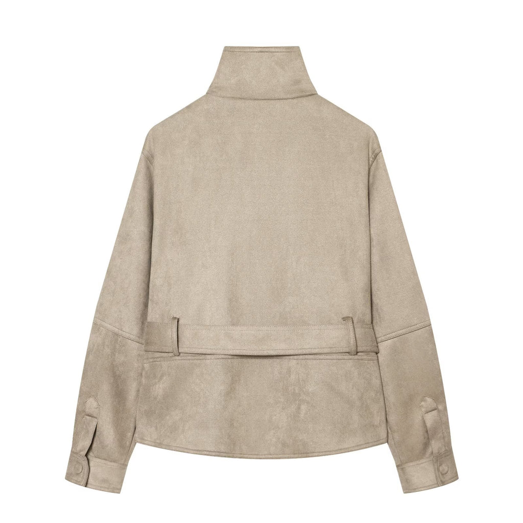 Women's with belt suede short slim jacket Coat