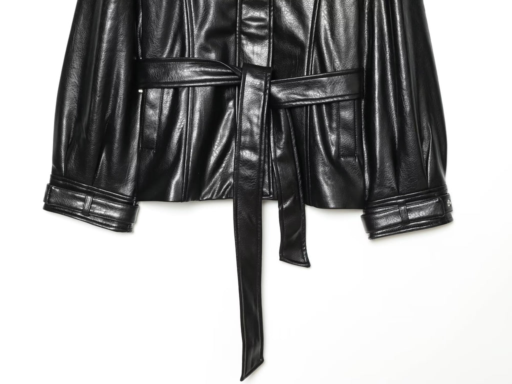 Women's with belt faux leather stand collar Coat